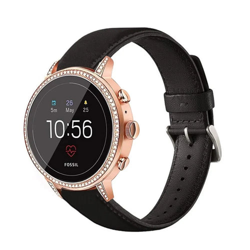 Leather Strap, black, on a watch, 3/4 front view
