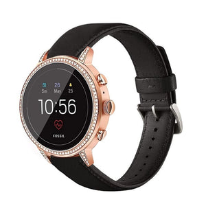 Leather Strap, black, on a watch, 3/4 front view