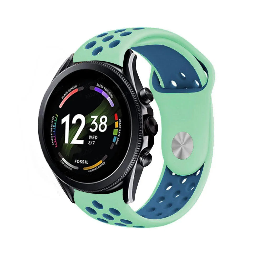 Silicone Sport Strap, aqua/blue, on a watch, 3/4 front view