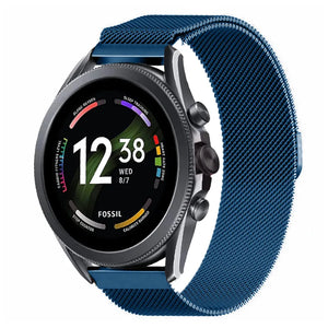 Milanese Strap, blue, on a watch, 3/4 front view