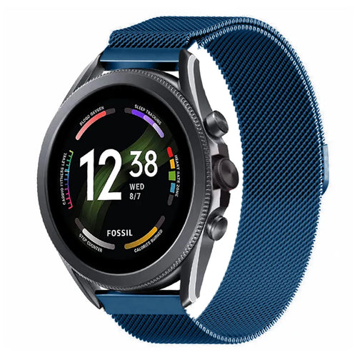 Milanese Strap, blue, on a watch, 3/4 front view