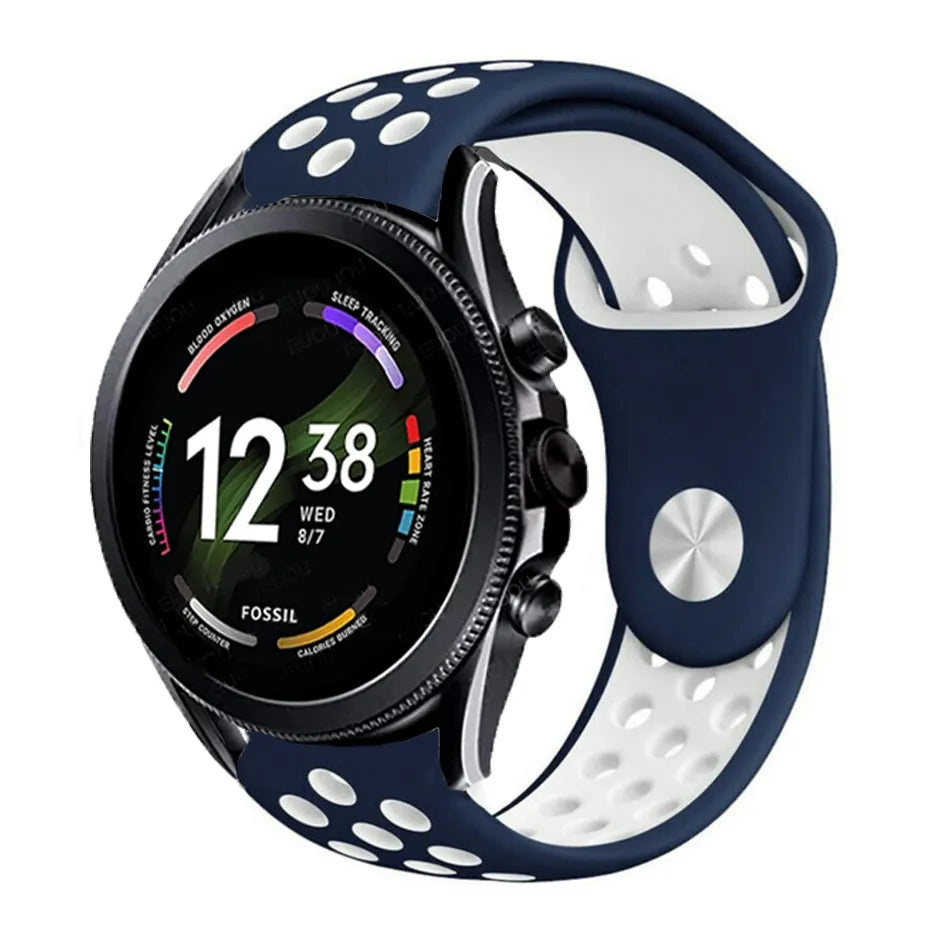 Silicone Sport Strap, blue/white, on a watch, 3/4 front view