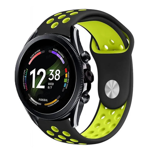 Silicone Sport Strap, black/yellow, on a watch, 3/4 front view