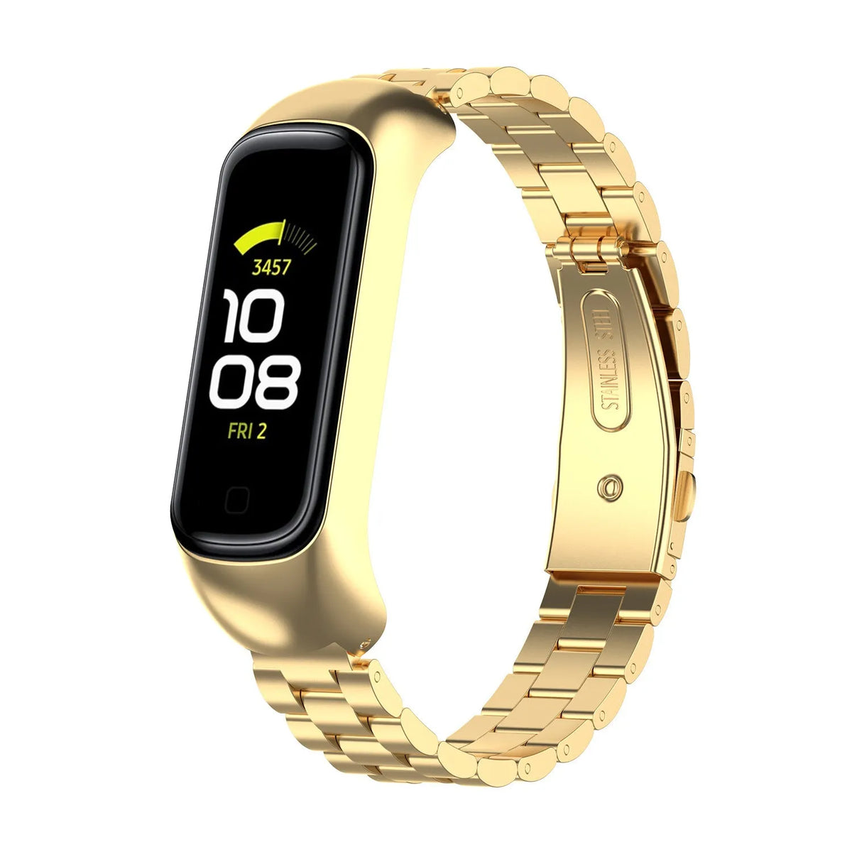 Steel Strap, gold, on a watch, 3/4 front view