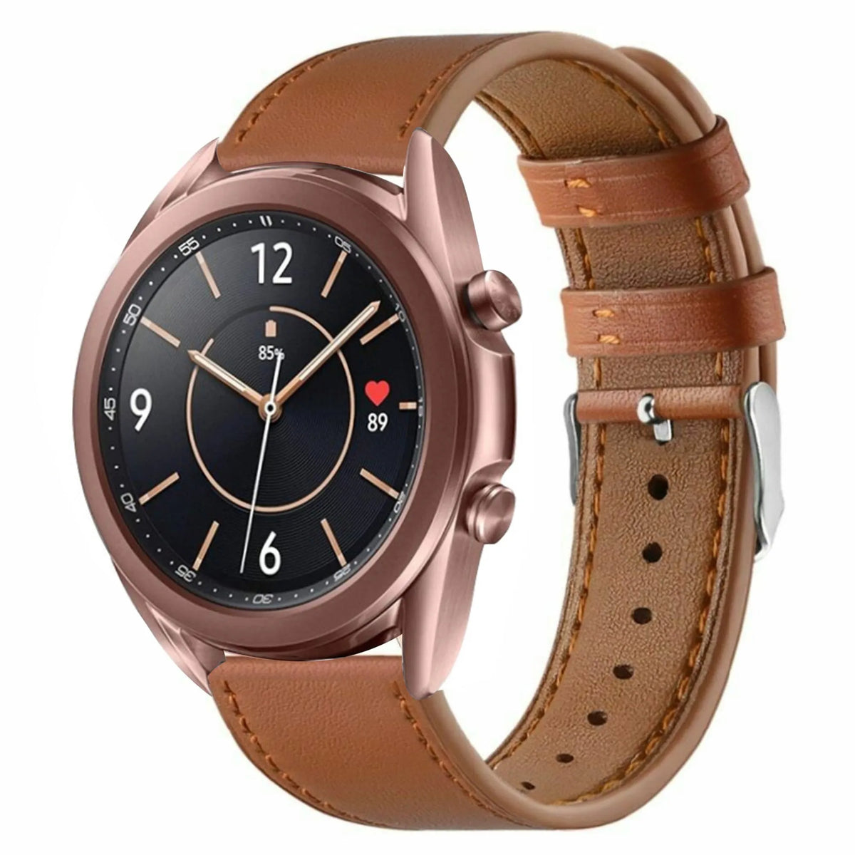 Modern Leather Strap, brown, on a watch, 3/4 front view