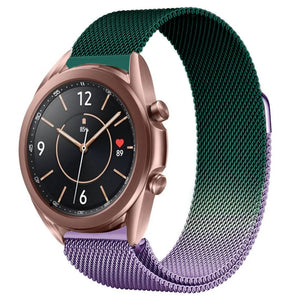 Milanese Strap, purple/green, on a watch, 3/4 front view