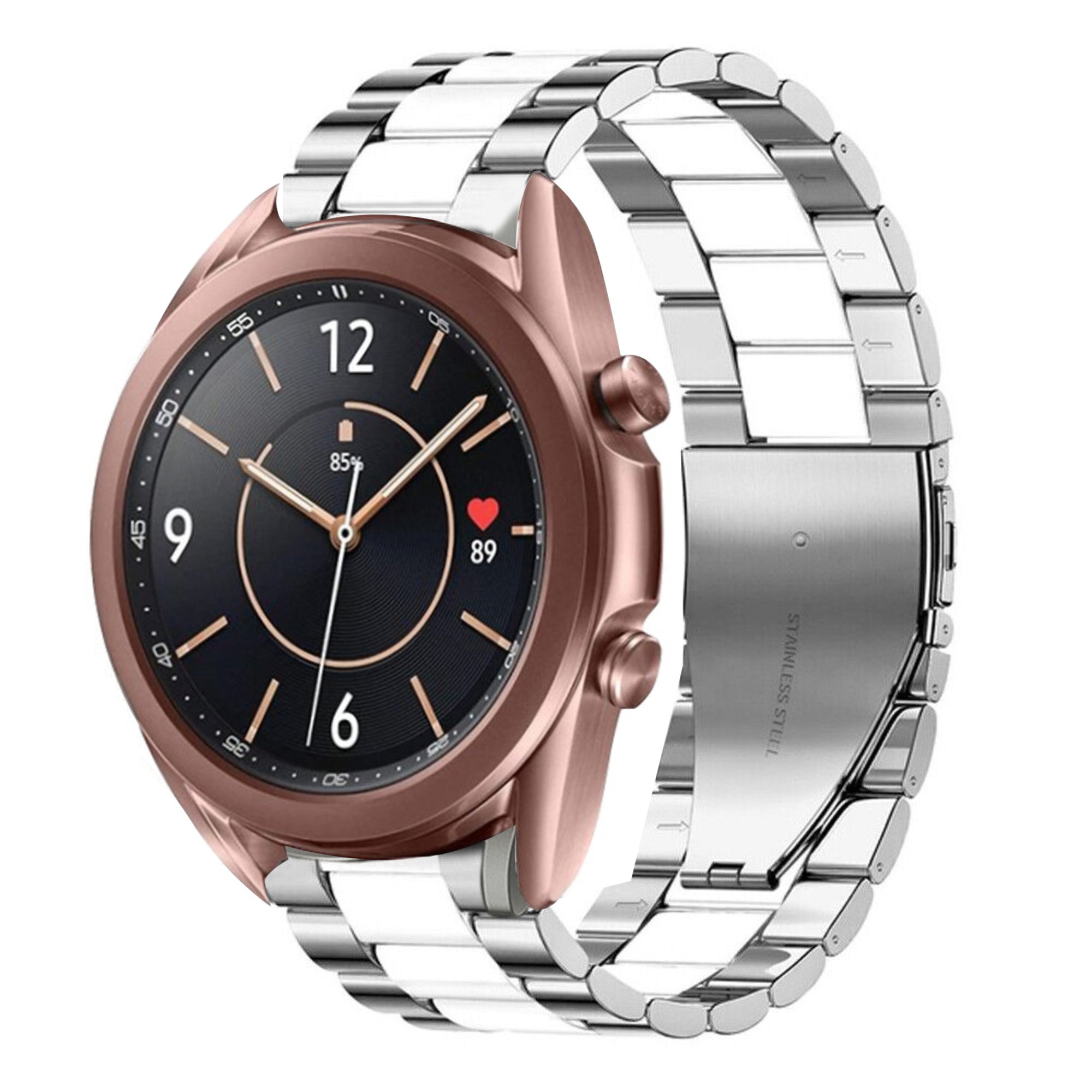 Steel Strap, silver/white, on a watch, 3/4 front view