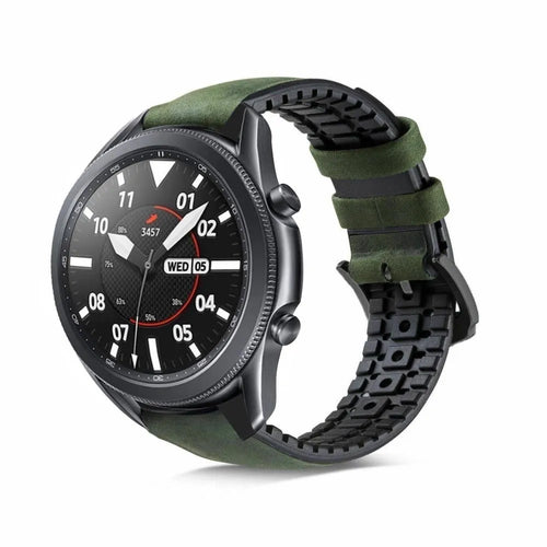 Leather Hybrid Strap, black/green, on a watch, 3/4 front view
