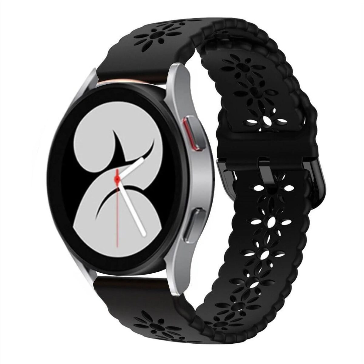 Patterned Silicone Strap, black, on a watch, 3/4 front view