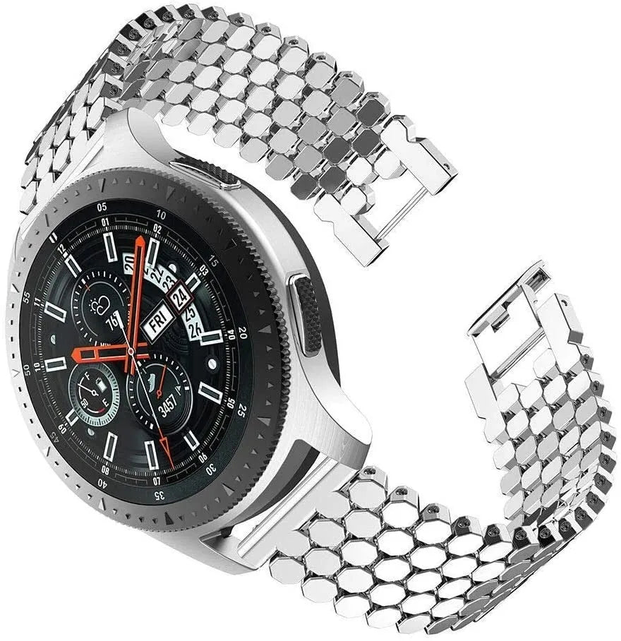 Steel Strap Hexagons, silver, on a watch, 3/4 front view