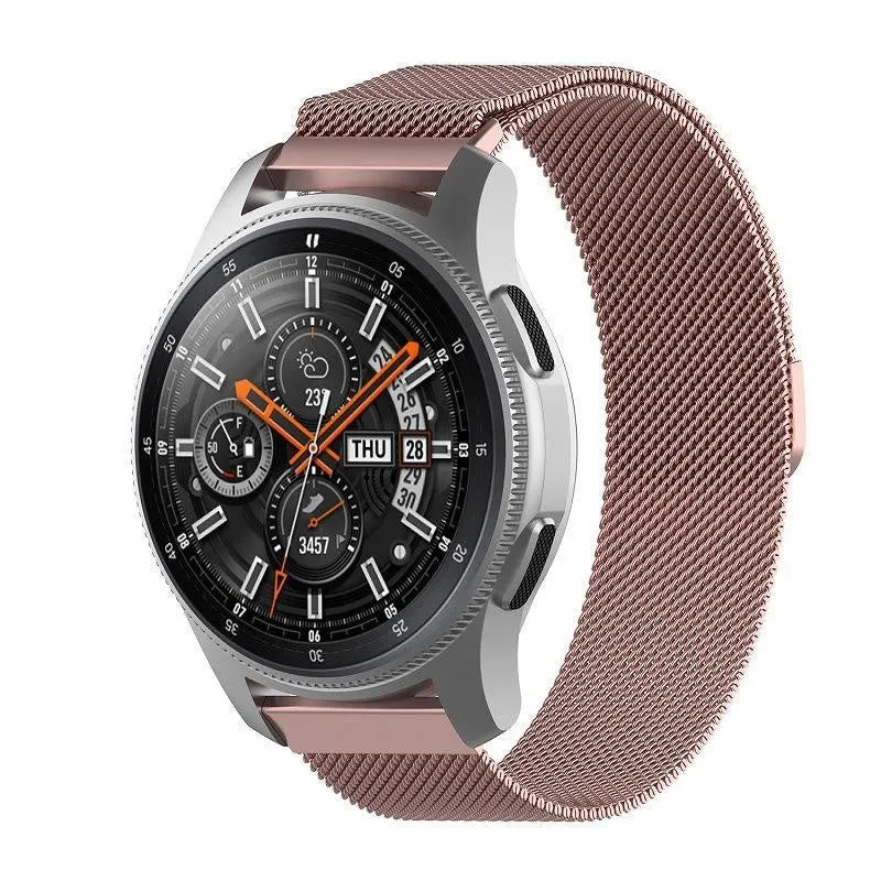 Milanese Strap, pink, on a watch, 3/4 front view