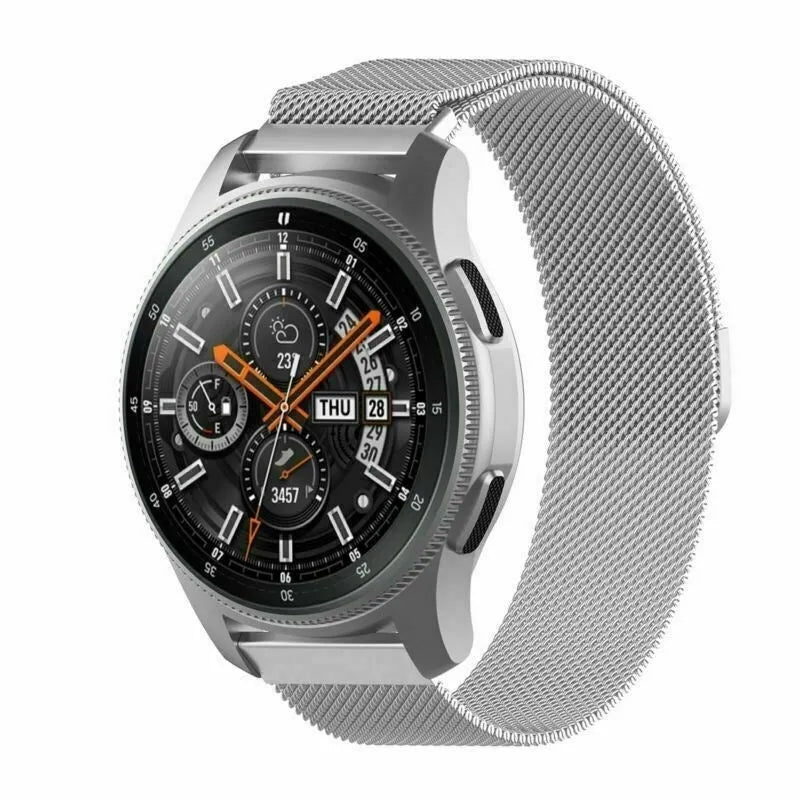 Milanese Strap, silver, on a watch, 3/4 front view