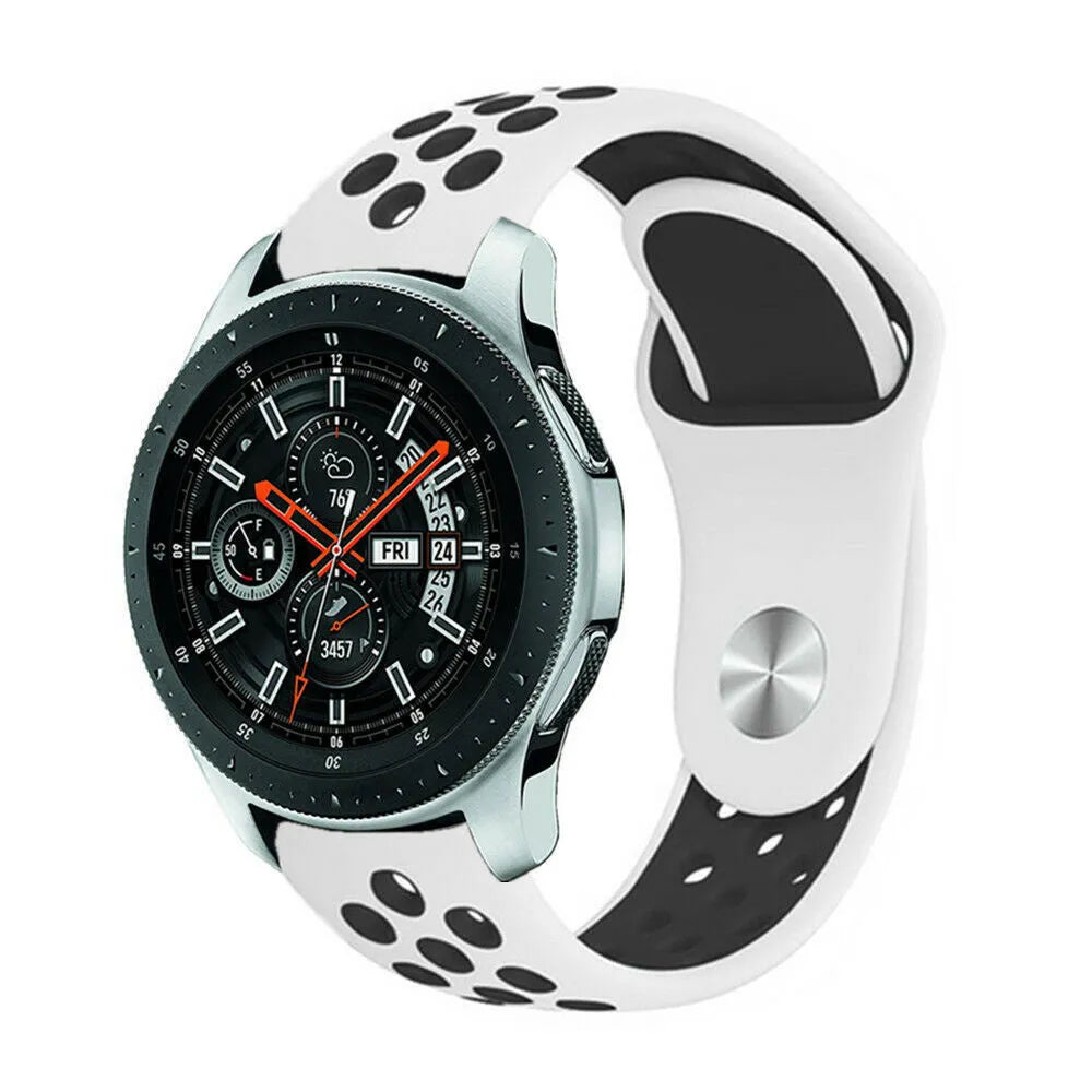 Silicone Sport Strap, white/black, on a watch, 3/4 front view