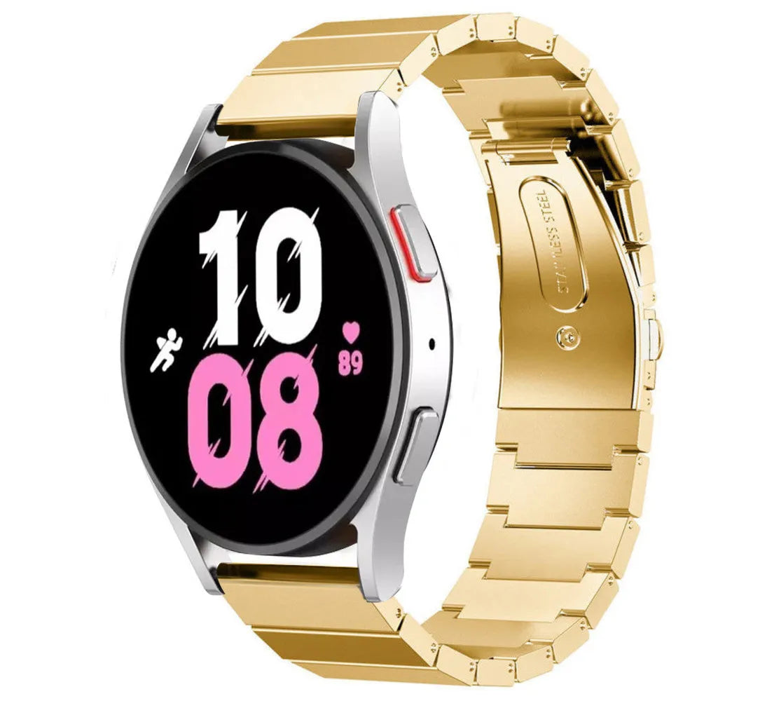 Premium Metal Strap, gold, on a watch, 3/4 front view