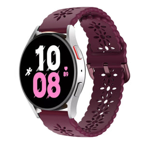 Patterned Silicone Strap, burgundy, on a watch, 3/4 front view
