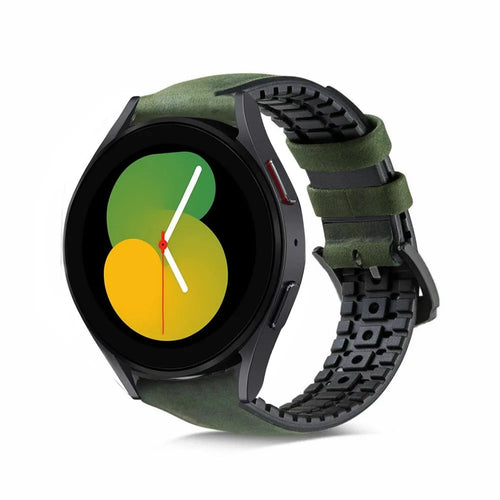 Leather Hybrid Strap, green, on a watch, 3/4 front view
