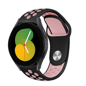 Silicone Sport Strap, black/pink, on a watch, 3/4 front view