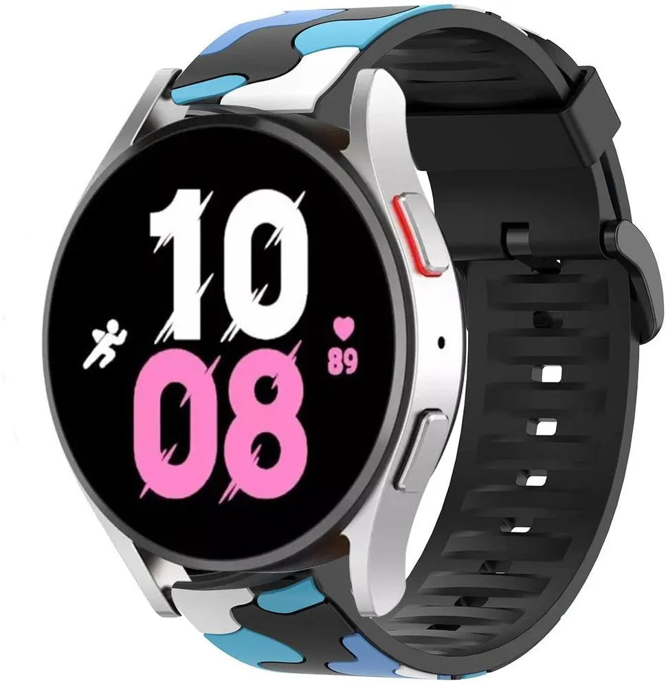 Silicone Camo Strap, blue, on a watch, 3/4 front view