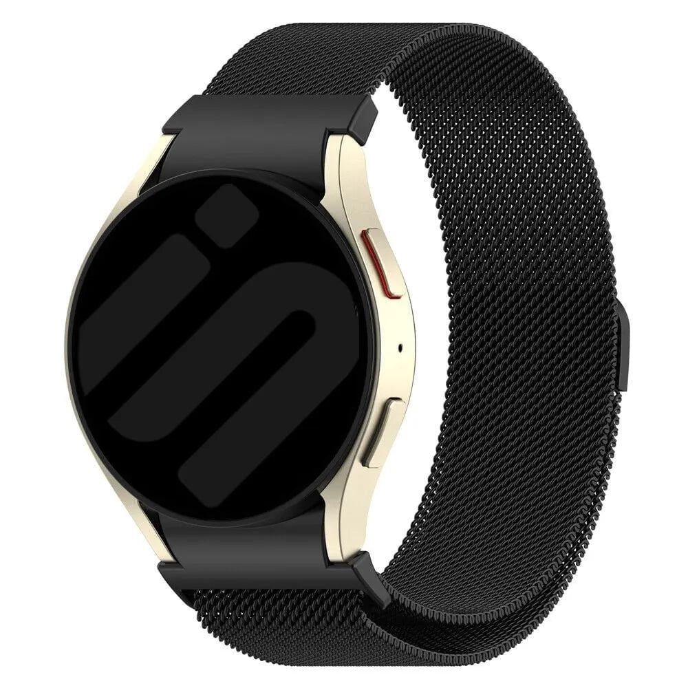 Milanese Strap 'One Push', black, on a watch, 3/4 front view