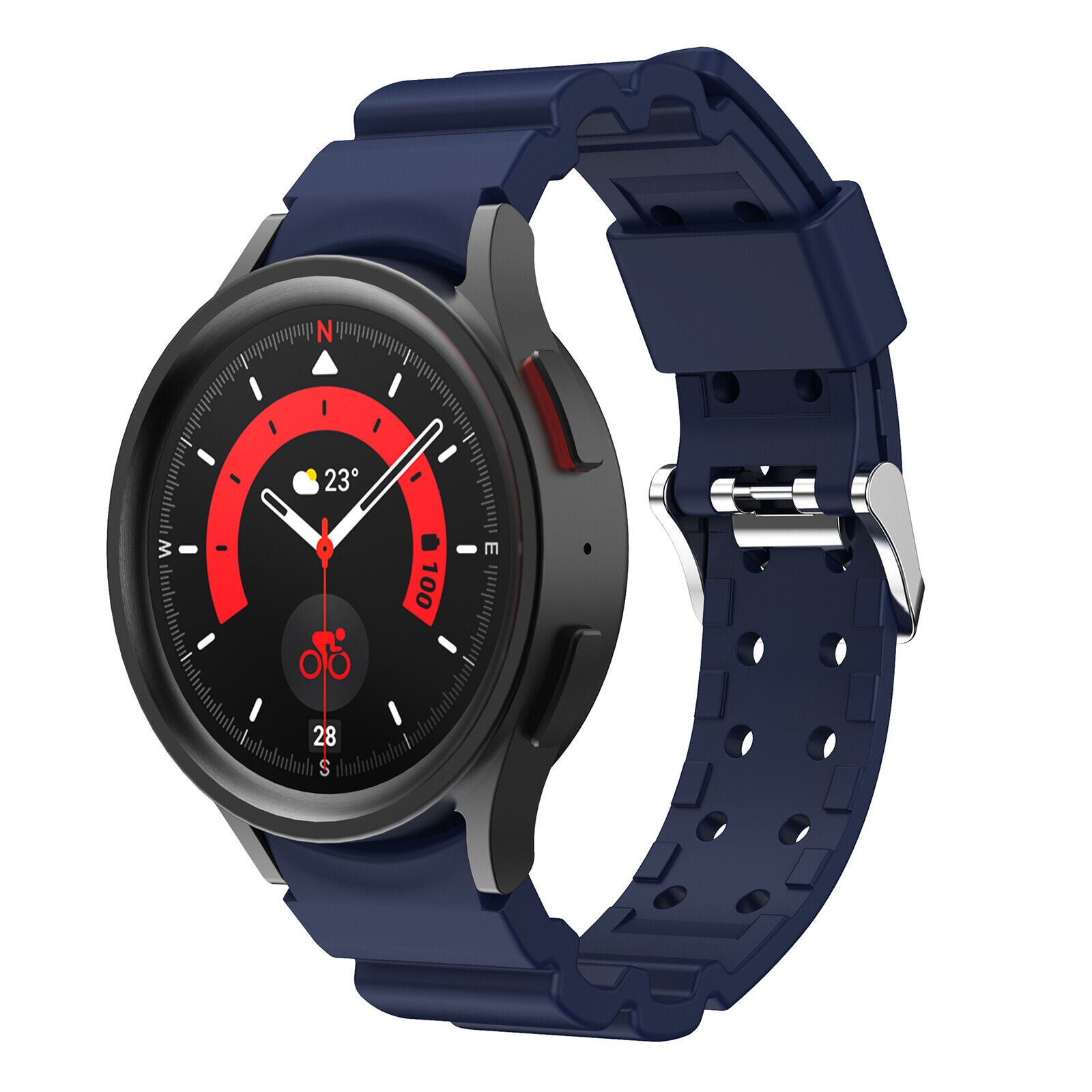 Silicone Strap 'Armour', dark blue, on a watch, 3/4 front view