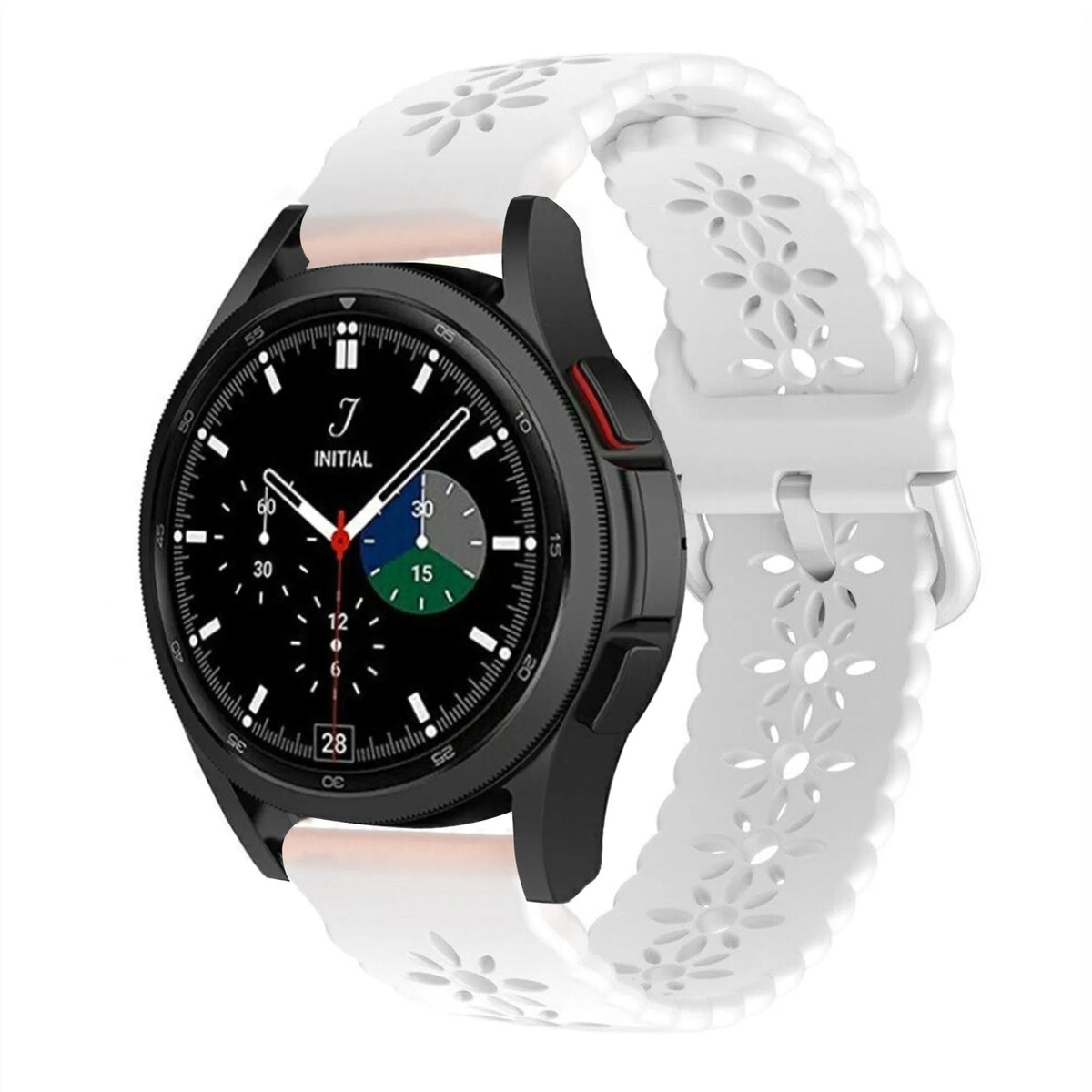 Patterned Silicone Strap, white, on a watch, 3/4 front view