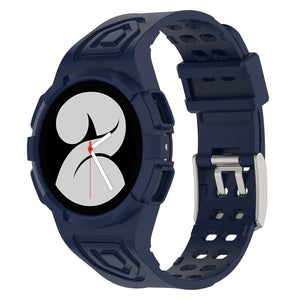 Silicone Strap with Frame, dark blue, on a watch, 3/4 front view