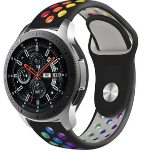 Silicone Sport Strap, black/colourful, on a watch, 3/4 front view