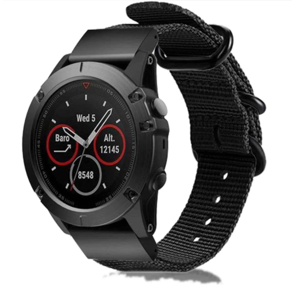 Nylon Buckle Strap, black, on a watch, 3/4 front view