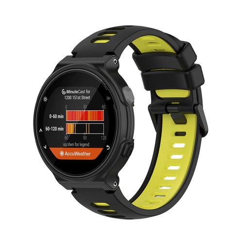 Silicone Sport Strap, black/yellow, on a watch, 3/4 front view
