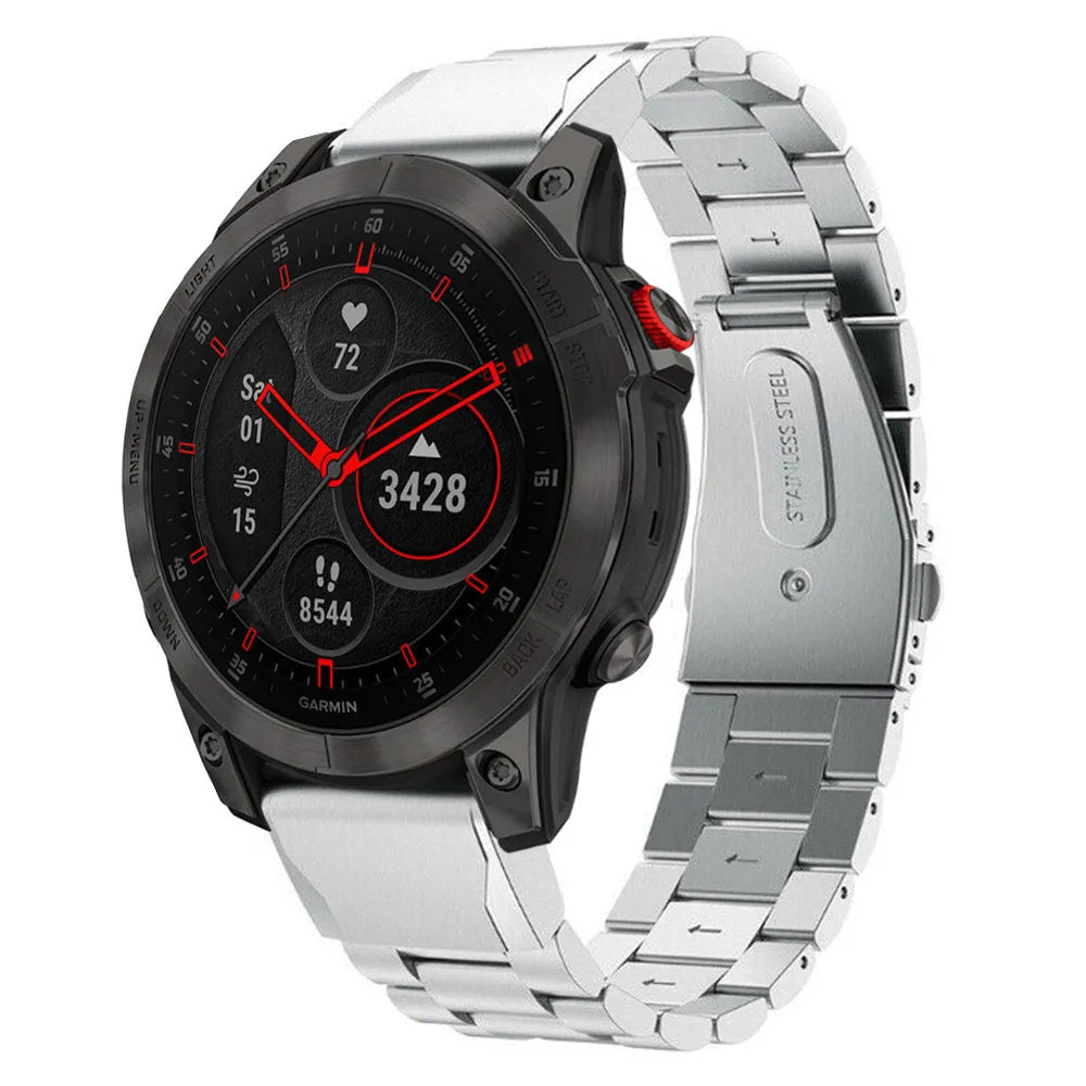 Steel Strap, silver, on a watch, 3/4 front view
