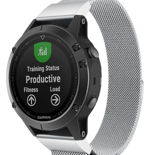 Milanese Strap, silver, on a watch, 3/4 front view
