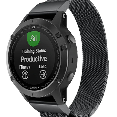 Milanese Strap, black, on a watch, 3/4 front view