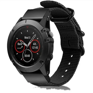 Nylon Buckle Strap, black, on a watch, 3/4 front view