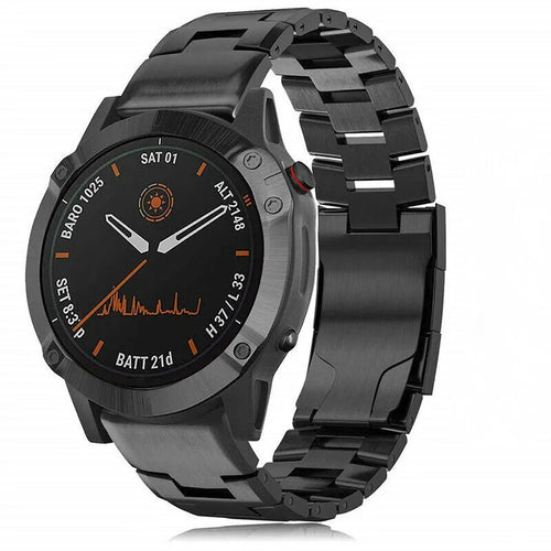 Titanium Strap, black, on a watch, 3/4 front view