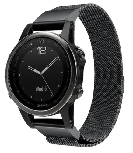 Milanese Strap, black, on a watch, 3/4 front view