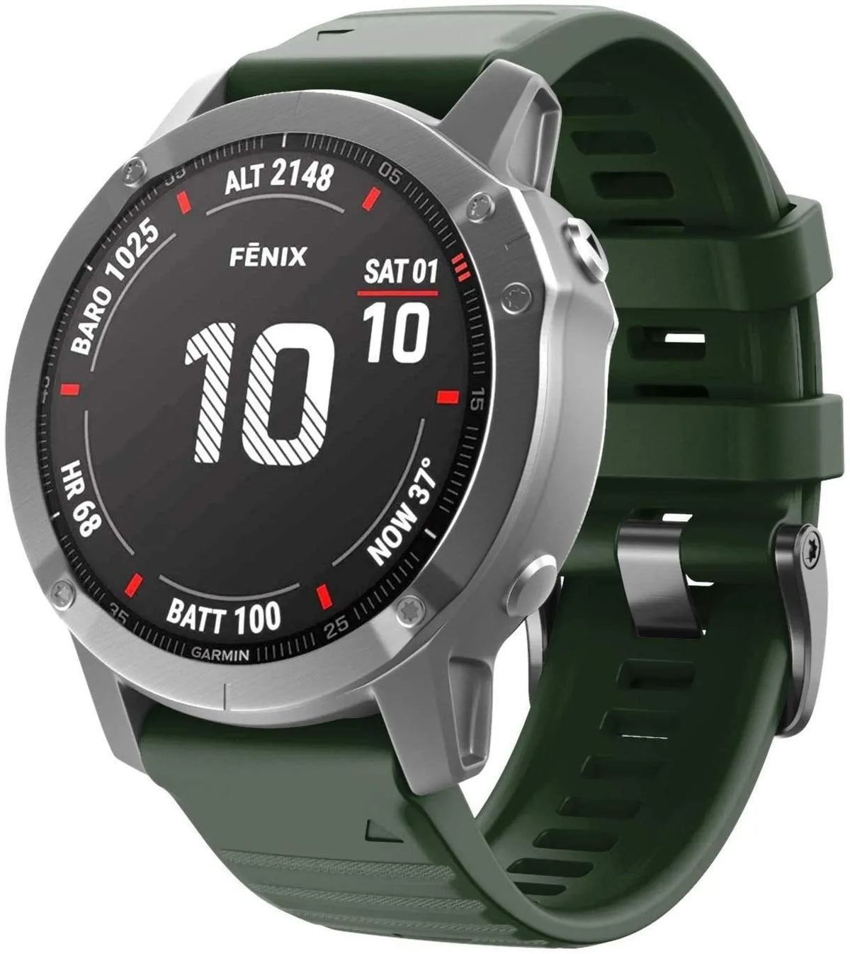 Silicone Strap, dark green, on a watch, 3/4 front view