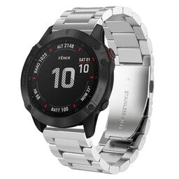 Steel Strap, silver, on a watch, 3/4 front view