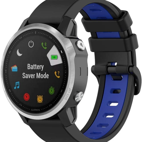Silicone Sport Buckle Strap, black/blue, on a watch, 3/4 front view