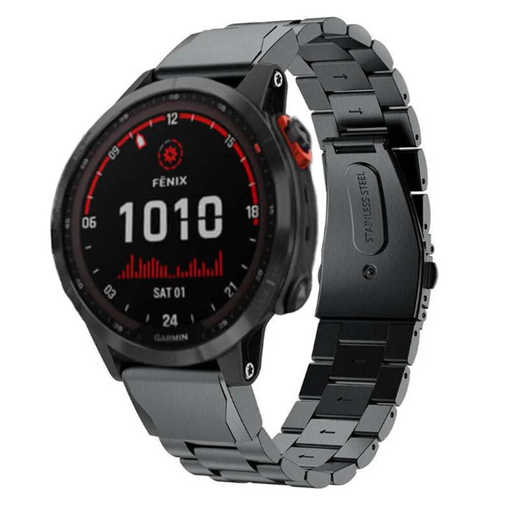 Steel Strap, black, on a watch, 3/4 front view