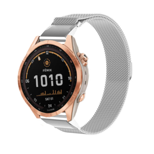 Milanese Strap, silver, on a watch, 3/4 front view