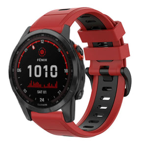 Silicone Sport Buckle Strap, red/black, on a watch, 3/4 front view