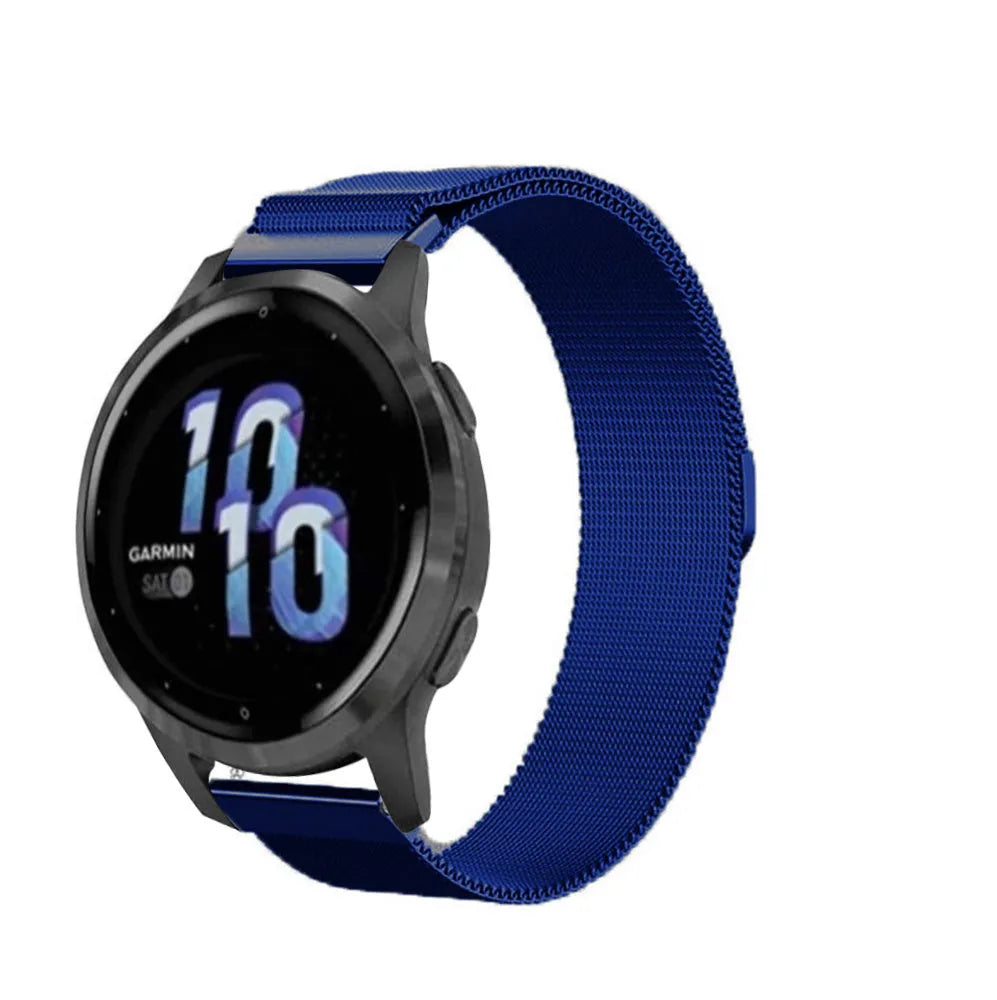 Milanese Strap, blue, on a watch, 3/4 front view