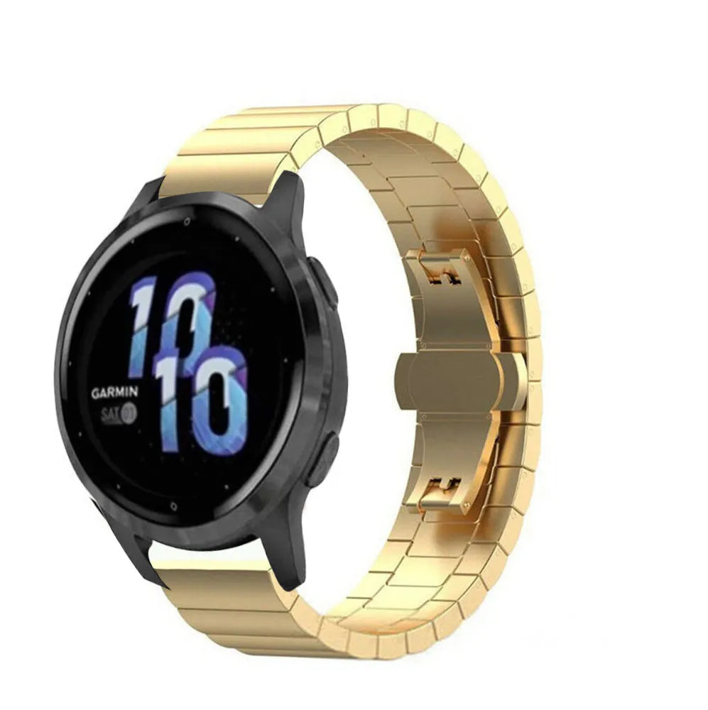 Metal Strap, gold, on a watch, 3/4 front view