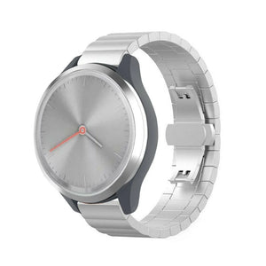 Metal Strap, silver, on a watch, 3/4 front view