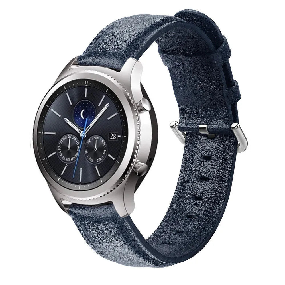 Leather Strap, dark blue, on a watch, 3/4 front view