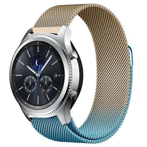 Milanese Strap, blue/gold, on a watch, 3/4 front view