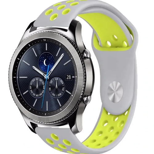 Silicone Sport Strap, grey/yellow, on a watch, 3/4 front view