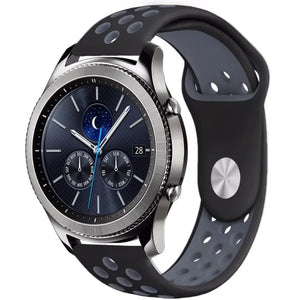 Silicone Sport Strap, black/grey, on a watch, 3/4 front view