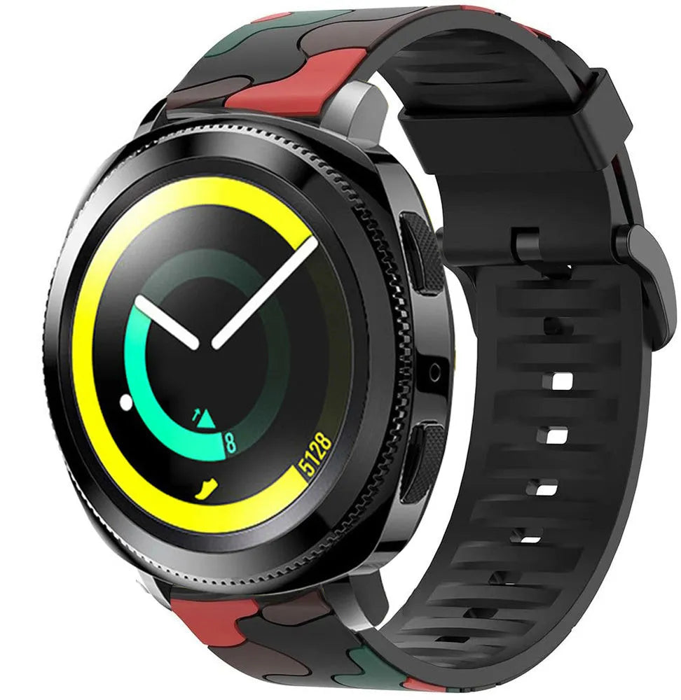 Silicone Camo Strap, red, on a watch, 3/4 front view