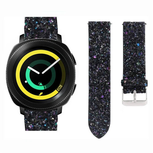 Leather Strap with Glitters, black, on a watch, 3/4 front view